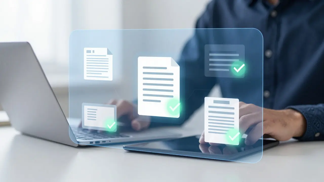 Abstrakte Darstellung einer digitalen Bonitätsprüfung mit Dokumenten-Icons