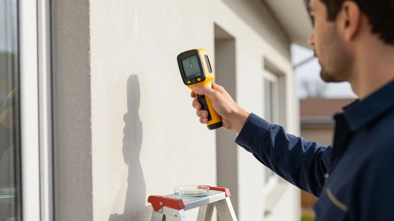 Bauphysiker führen Thermografie- und Feuchtemessung an einer Hauswand durch