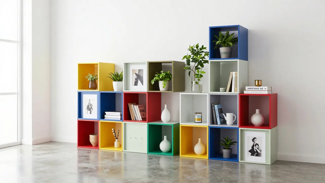 Buntes modulares Regalsystem mit Pflanzen und Deko in hellem Raum