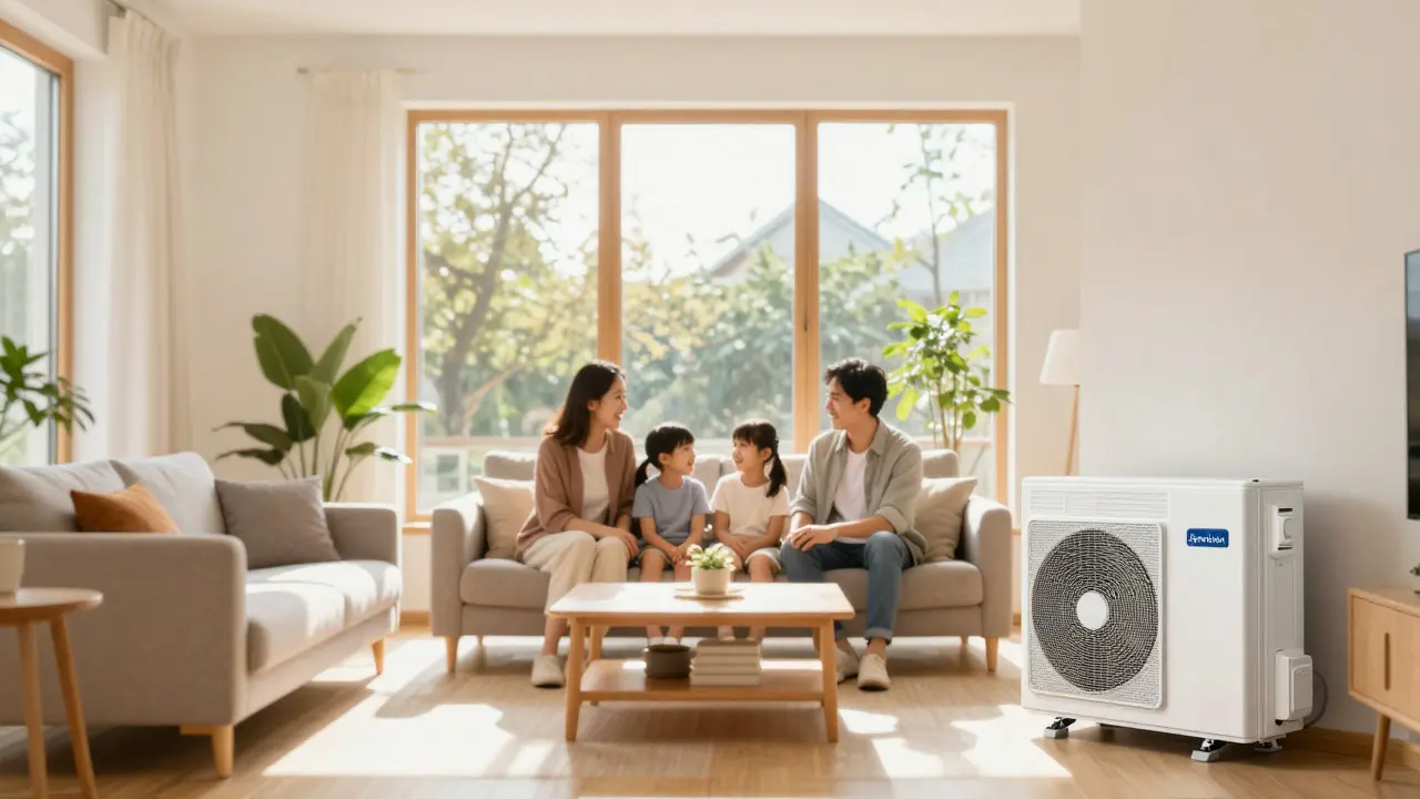 Cozy living room with modern heat pump and large windows showing energy efficiency