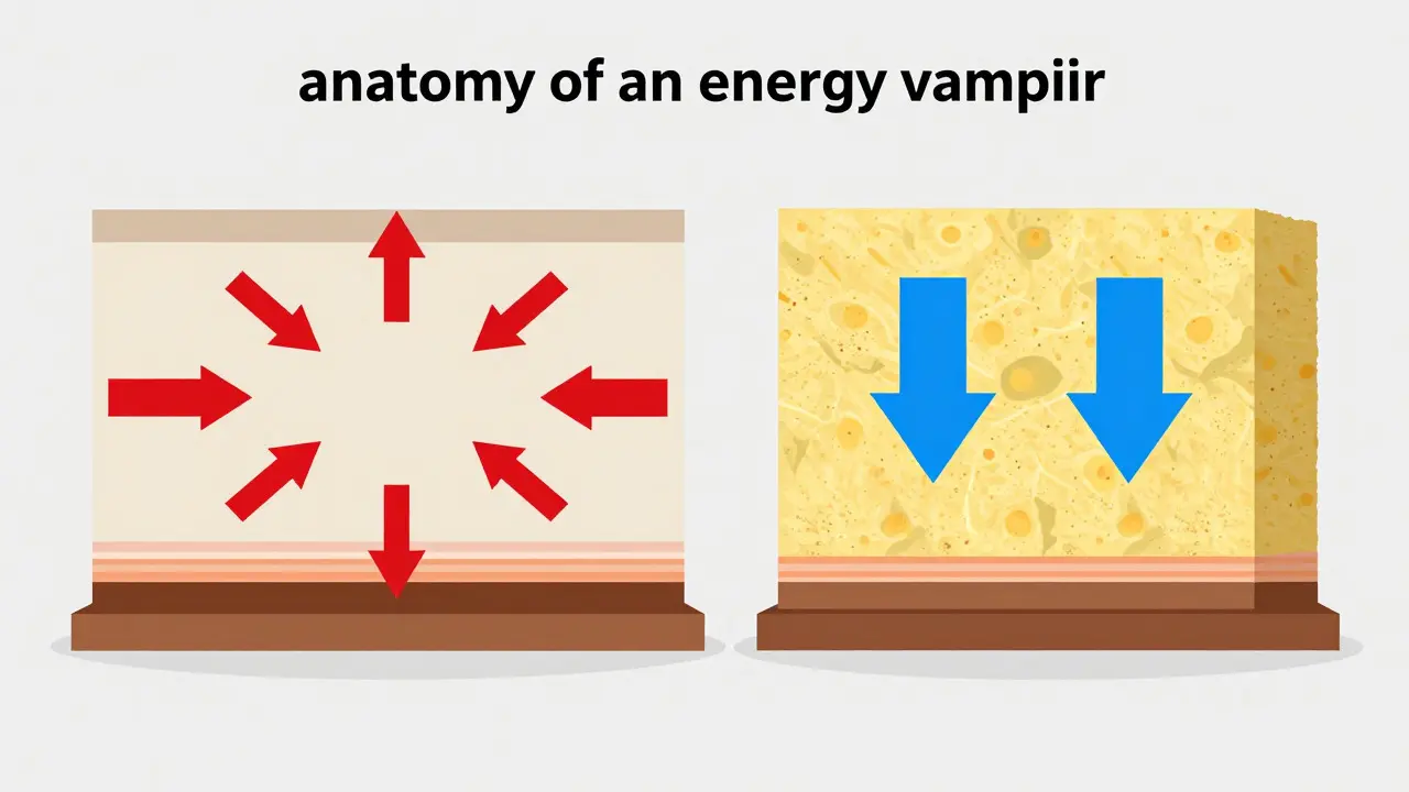 Diagram comparing uninsulated vs insulated wall sections with heat flow arrows