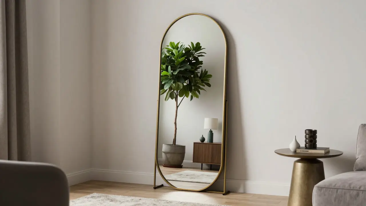 Eleganter ovaler Spiegel reflektiert Pflanze und Lampe im modernen Wohnzimmer