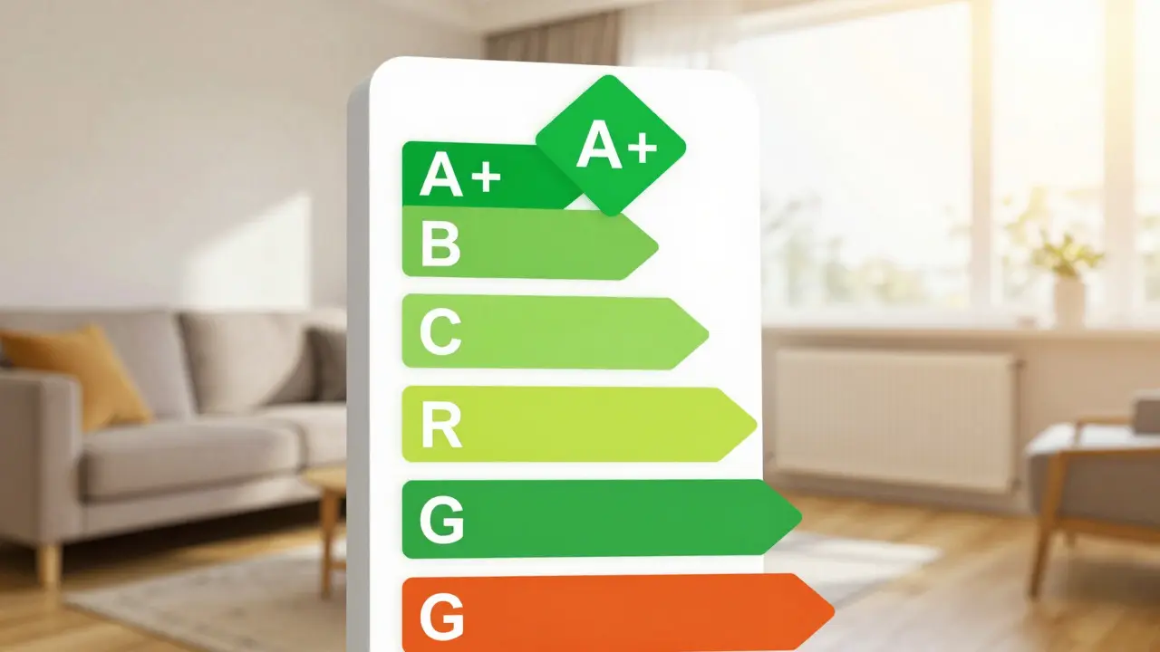 Energieeffizienzskala zeigt Klasse A+ für saniertes Gebäude