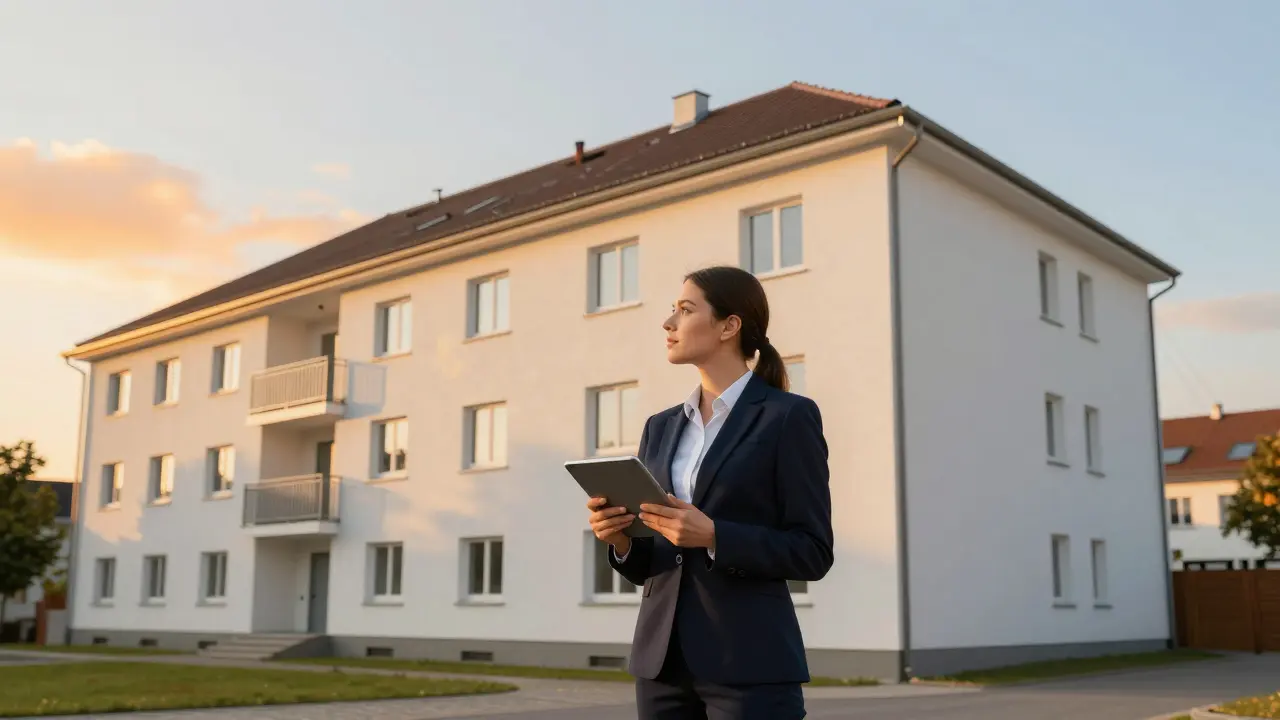 Fachmann vor einem gepflegten Mehrfamilienhaus mit Tablet zur Verwaltung