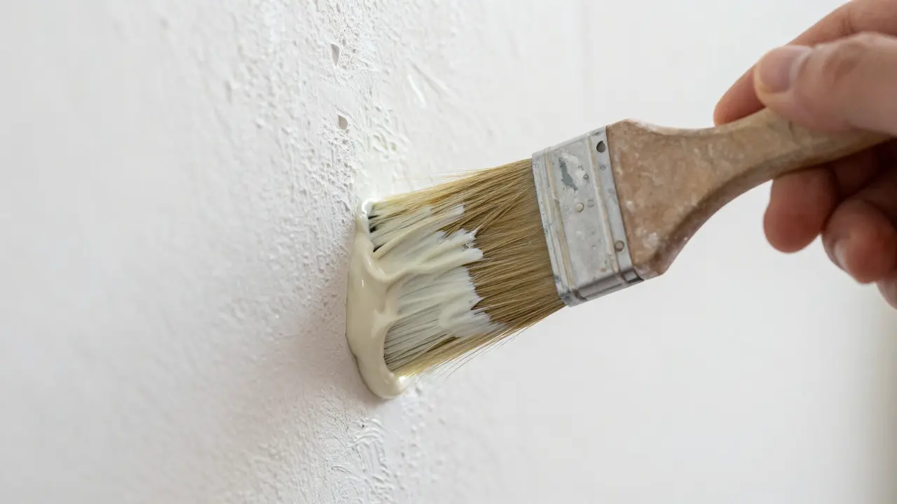 Hand streicht cremige Kalkfarbe auf eine vorbereitete Wand