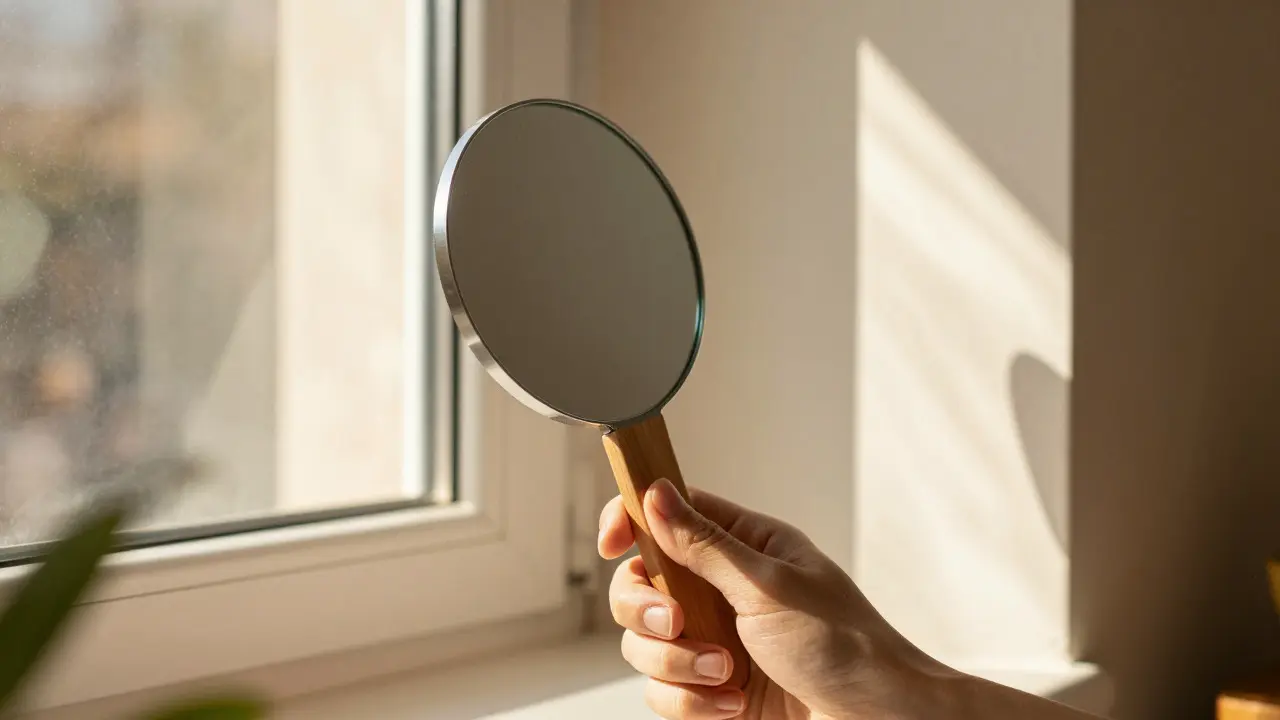 Handspiegel lenkt Sonnenlicht durch Winkel auf die Wand