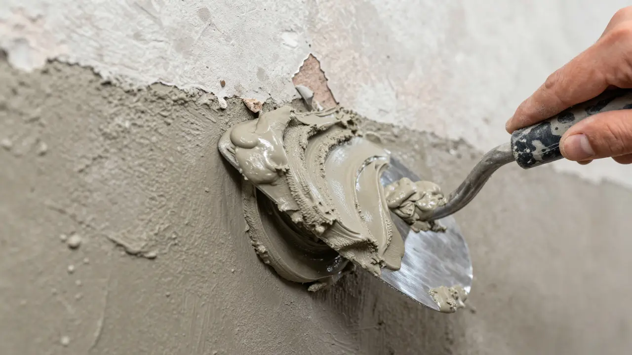 Handwerker trägt graue Dichtschlämme mit Spachtel auf Betonwand auf