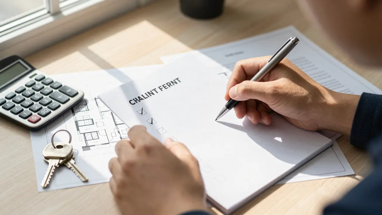 Hausbesitzer prüft Checkliste und Dokumente für die Vermietung