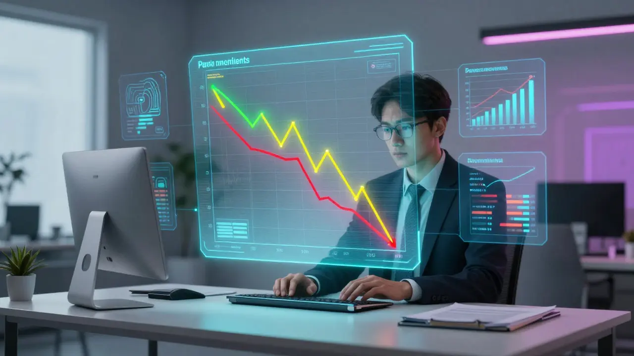 Holografische Darstellung von drei Szenarien für Immobilienwerte in futuristischem Büro