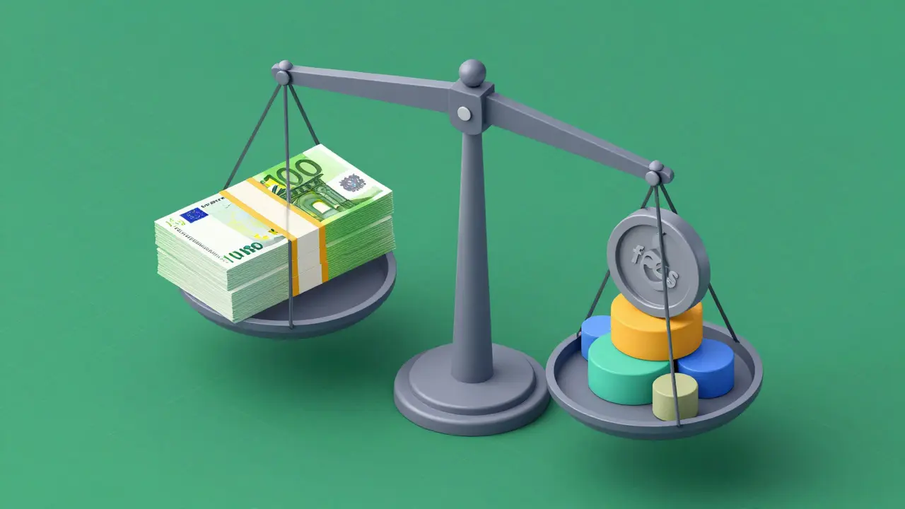 Isometrische Waage, die Kreditbetrag gegen Zinsen und verschiedene Nebenkosten abwägt