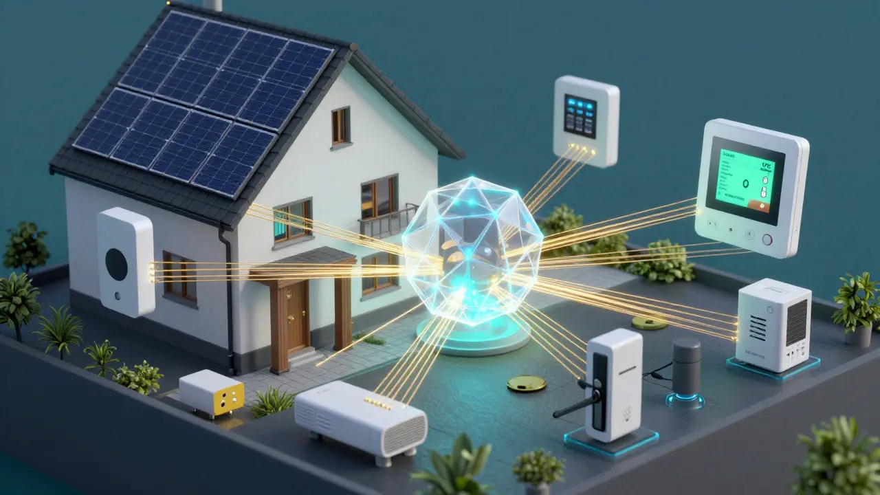 Konzeptillustration eines lokalen Smart-Home-Netzwerks mit Thread-Mesh-Technologie