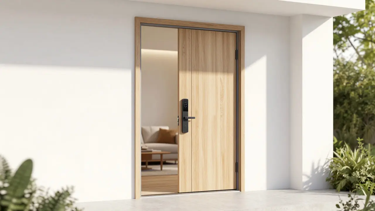 Moderne schwellenlose Haustür mit Smart-Lock