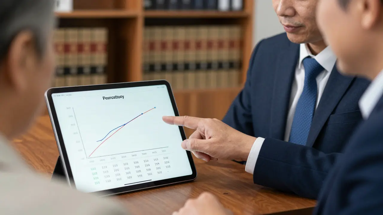 Steuerberater erklärt Nießbrauch-Berechnung auf Tablet im Büro