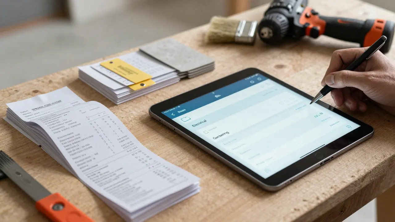 Tablet mit Zeiterfassungs-App und sortierte Belege auf Werkbank