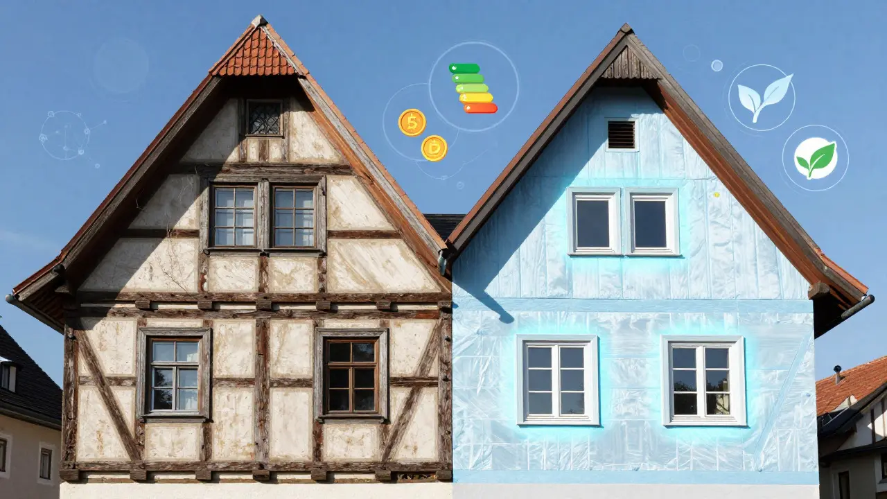 Traditionelles Haus vor und nach energetischer Sanierung dargestellt