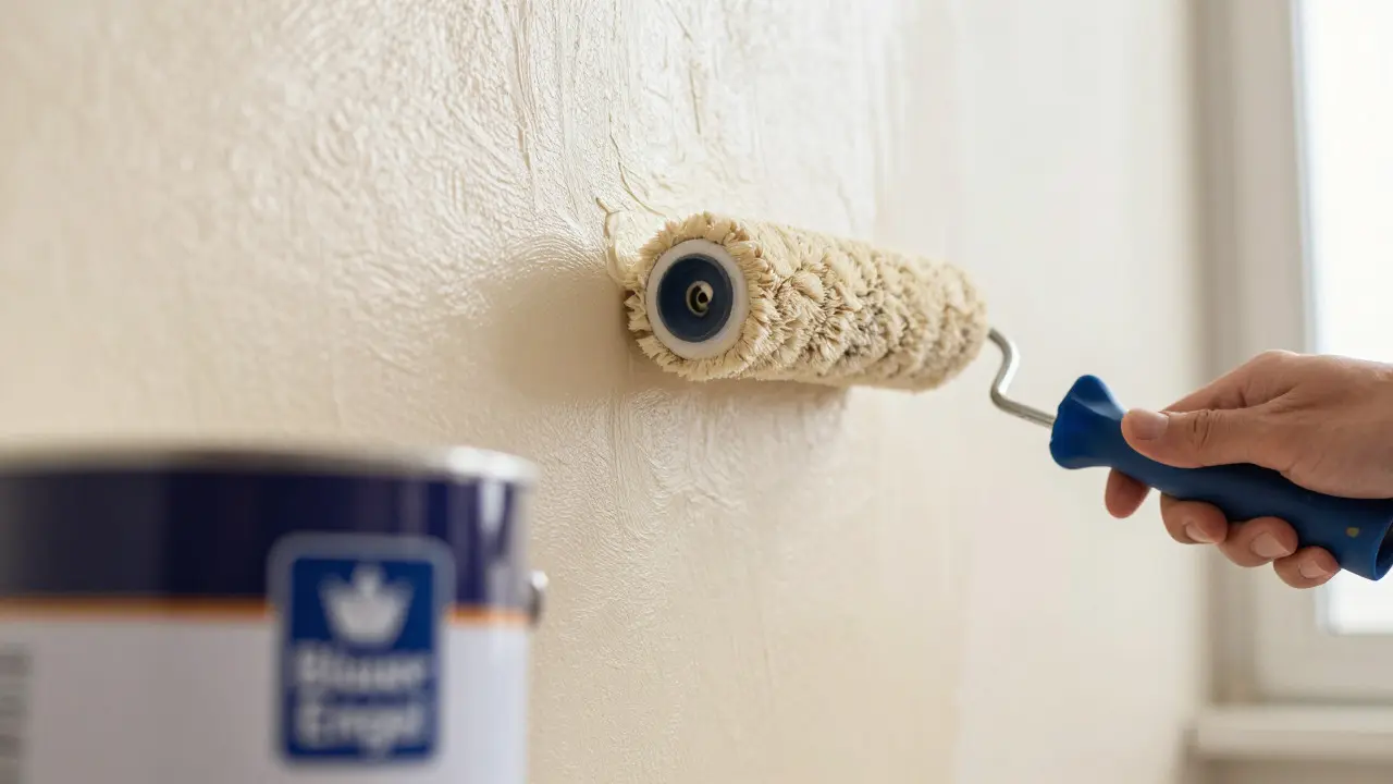 Wand wird mit umweltfreundlicher Wasserfarbe gestrichen, Blauer Engel