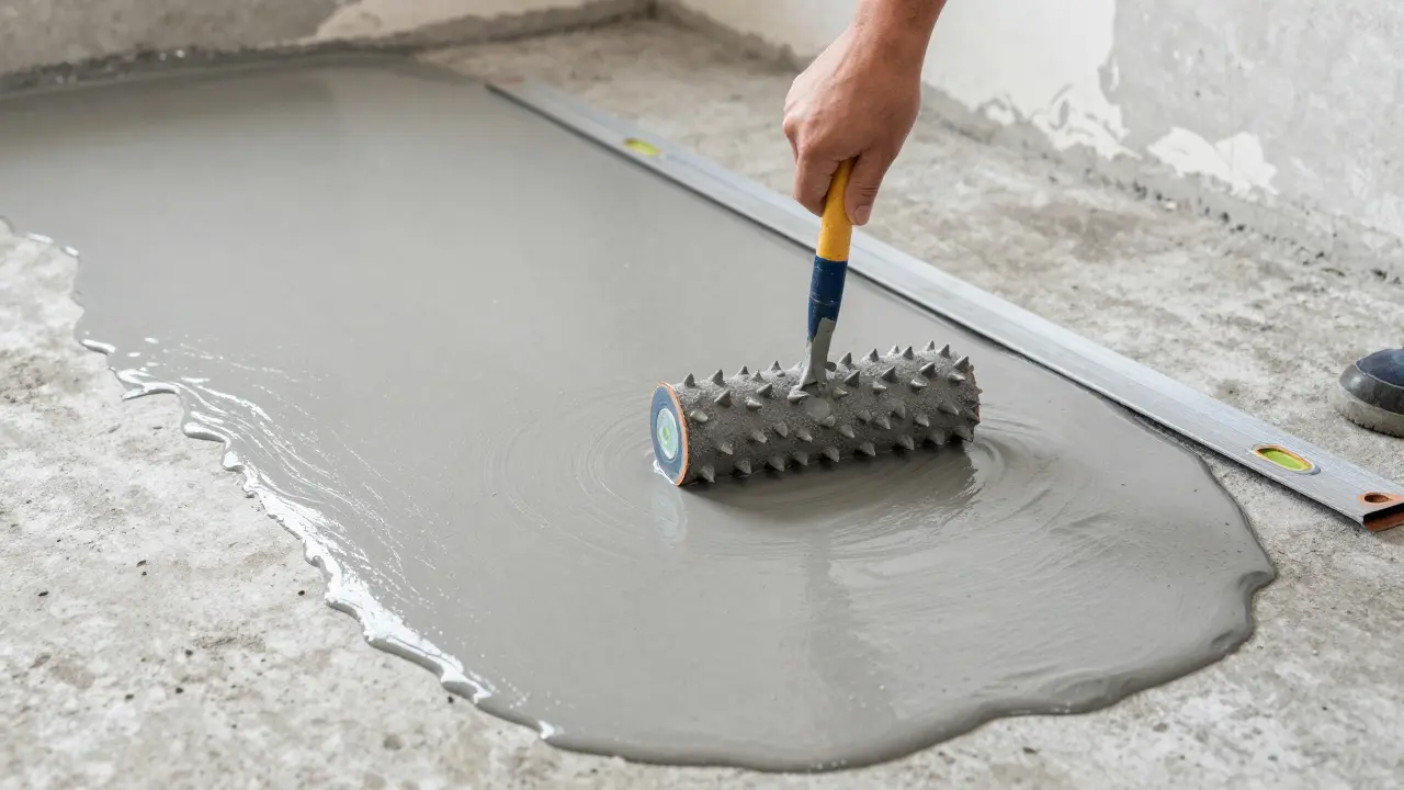Worker uses spiked roller on self-leveling floor compound