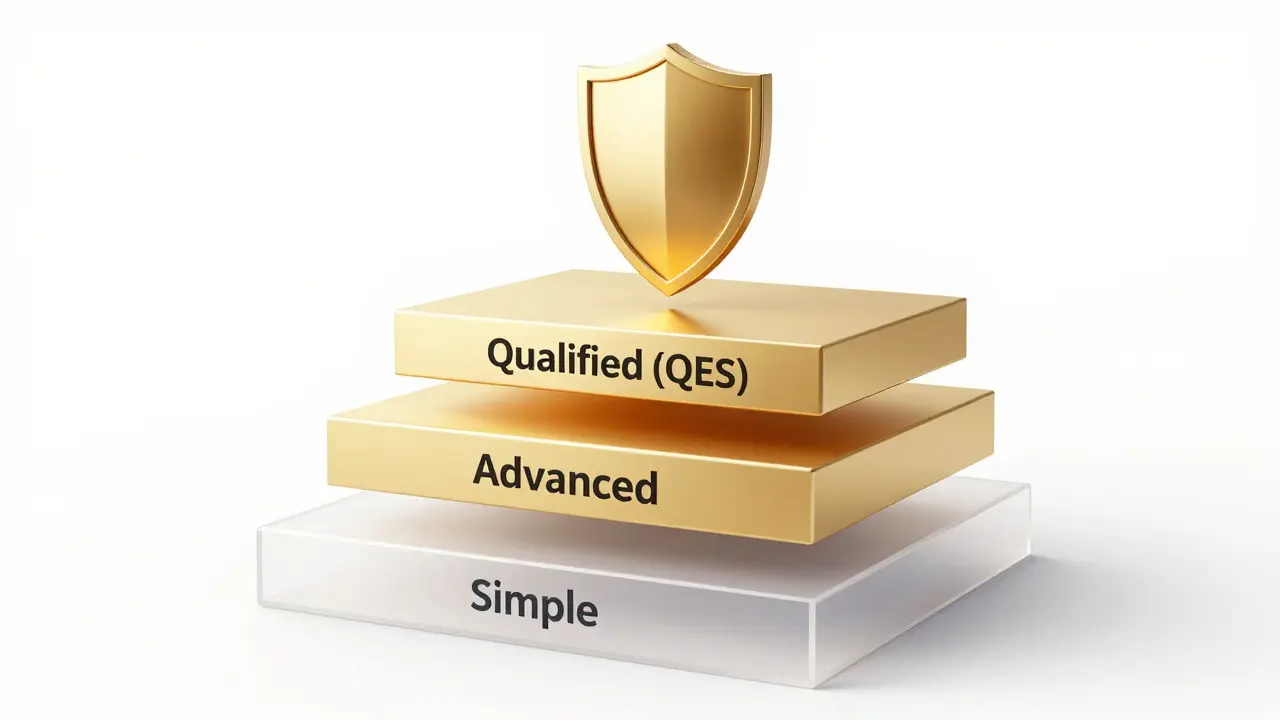 3D graphic showing levels of electronic signature security strength