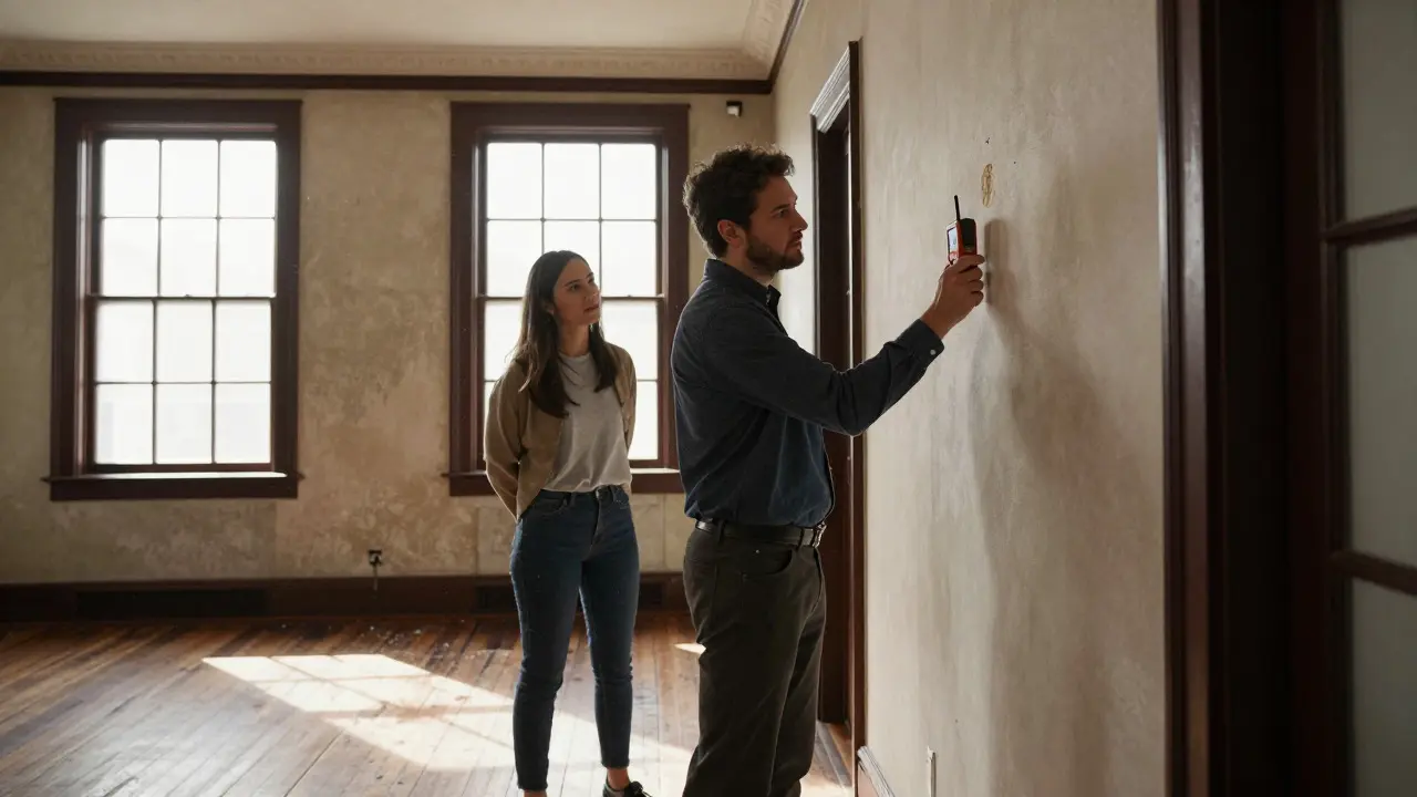 Appraiser checking wall moisture in a historic apartment during an inspection