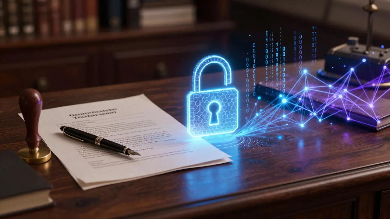 Conceptual art of legal documents transforming into blockchain network