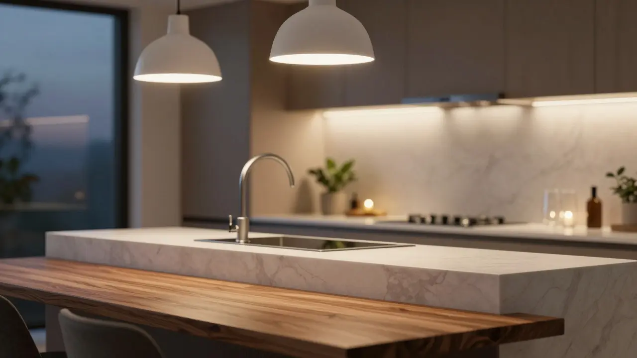 Cozy kitchen island with warm pendants and LED accent lighting details
