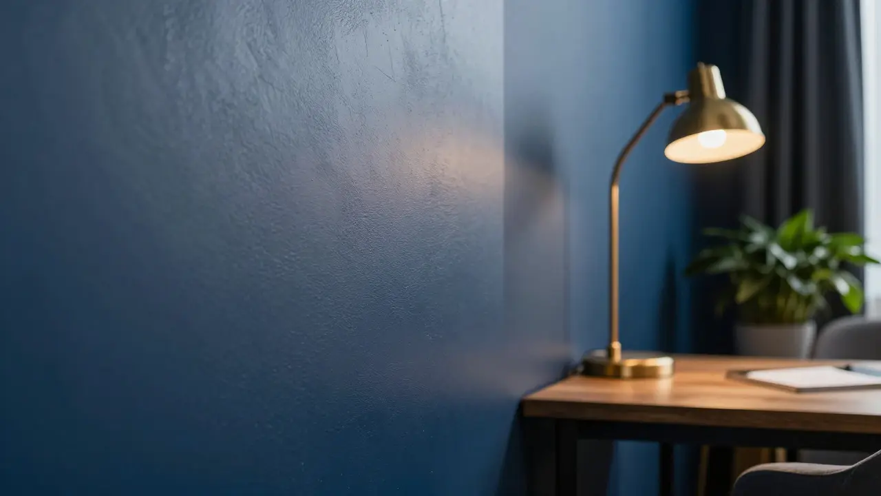 Detailaufnahme einer nachtblauen Wand mit seidenmattem Finish und indirekter Beleuchtung.