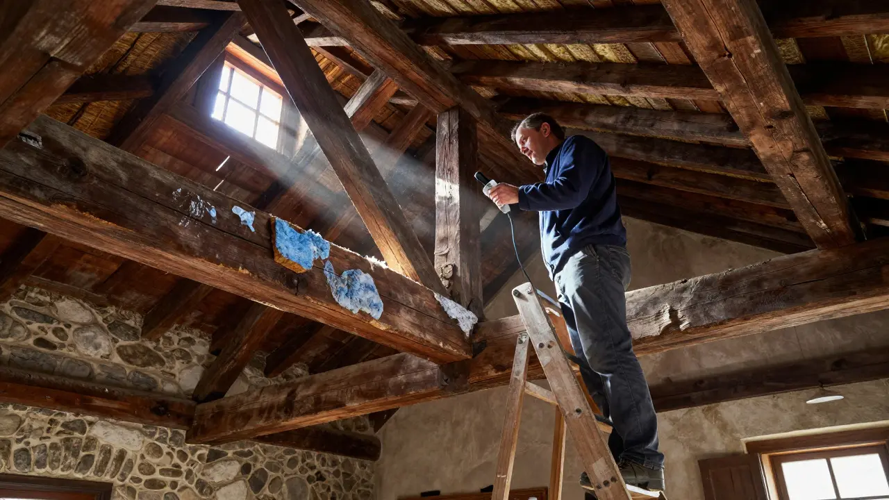 Experte prüft Dachstuhl-Balken mit Ultraschallgerät in einem alten Bauernhaus