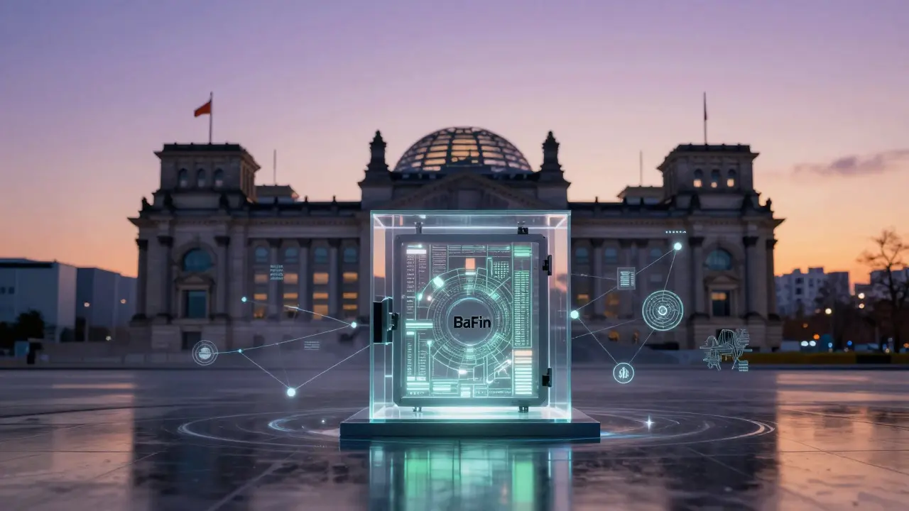 Futuristic digital vault structure in front of a classical government building