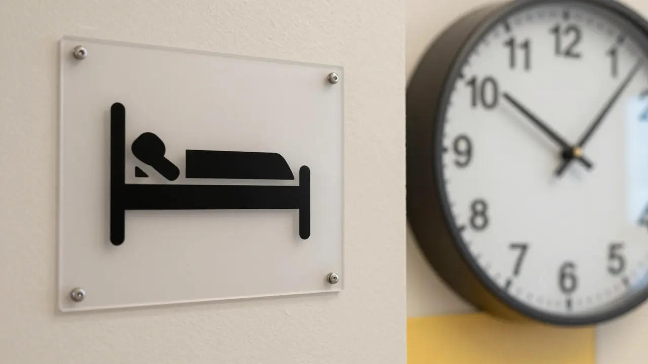 Große Piktogramm-Schilder und eine Uhr auf Augenhöhe im Gang