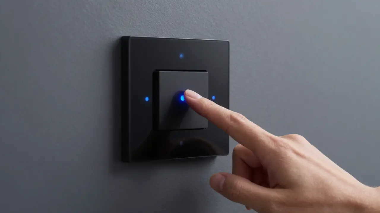 Hand berührt futuristischen Touch-Schalter im Smart Home Design