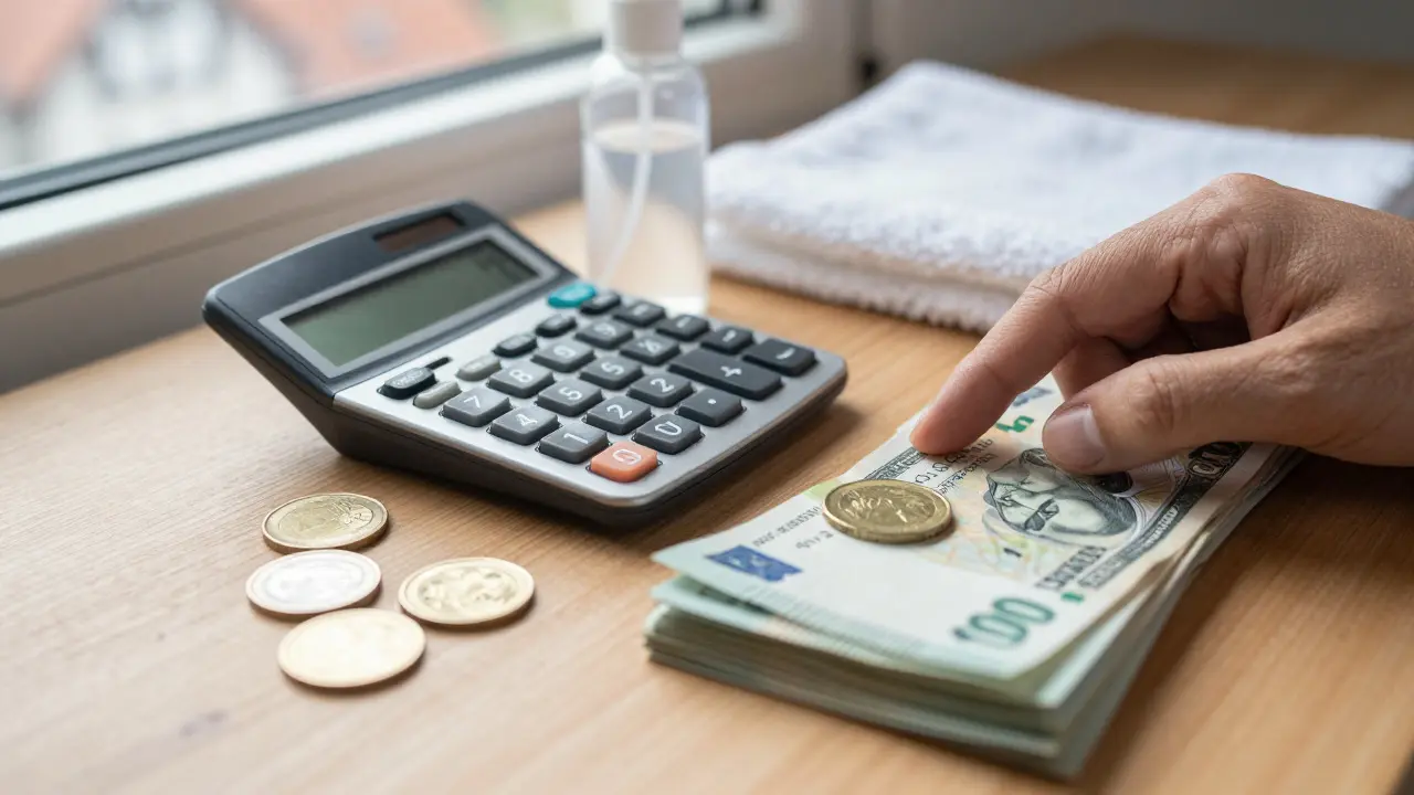 Hand using a calculator next to cash, cleaning supplies, and towels on a desk