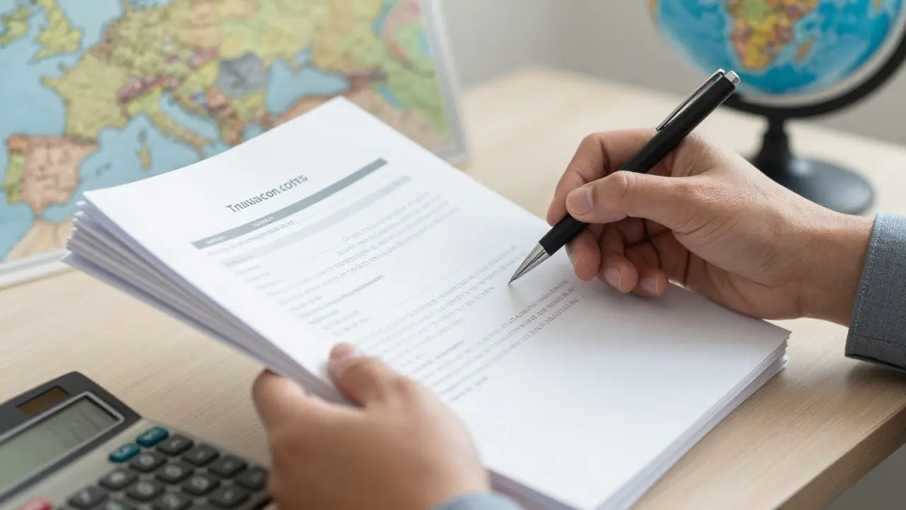 Hands calculating real estate transaction costs with documents and a calculator