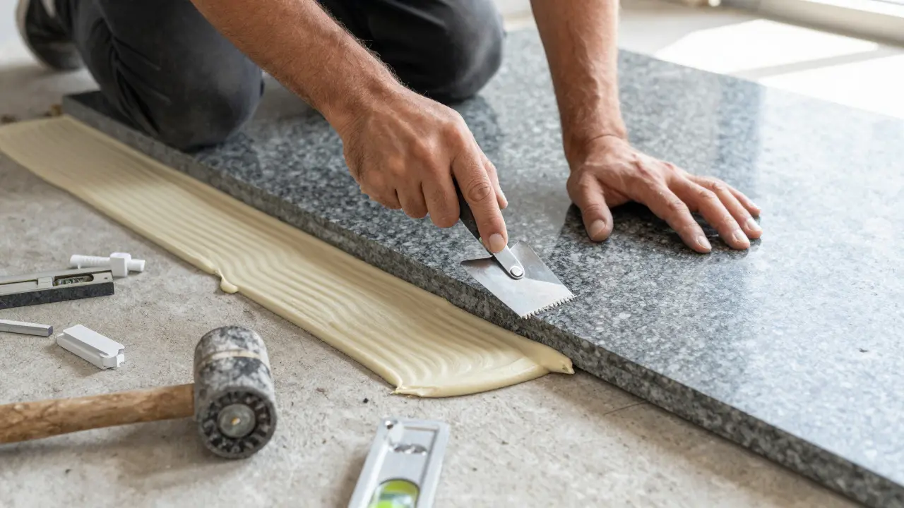 Handwerker verlegt Granitplatten auf einem vorbereiteten Estrich mit Kleber