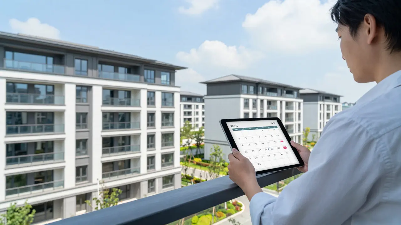 Hausbesitzer auf dem Balkon eines fertiggestellten Neubaukomplexes