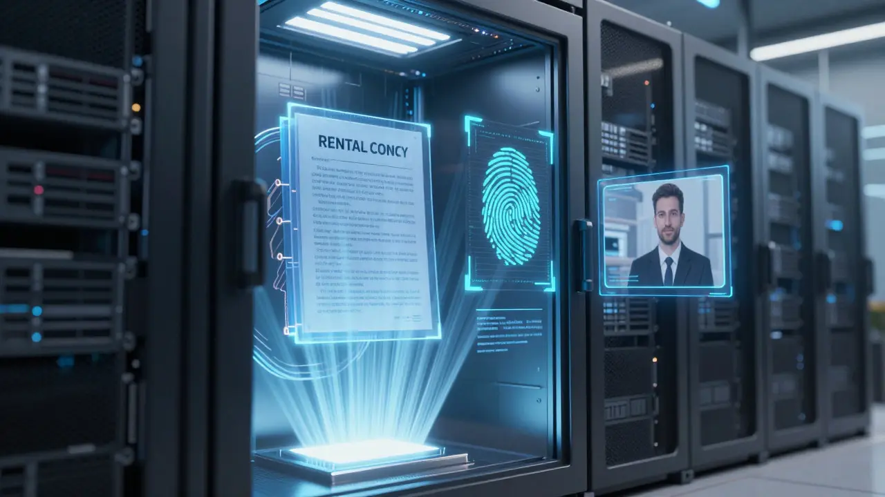 Holographic contracts secured in a futuristic digital vault system