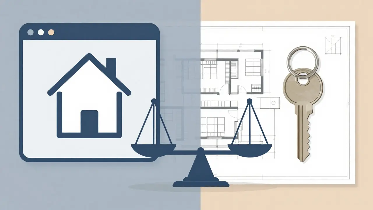 Illustration comparing online valuation tools with professional on-site inspections