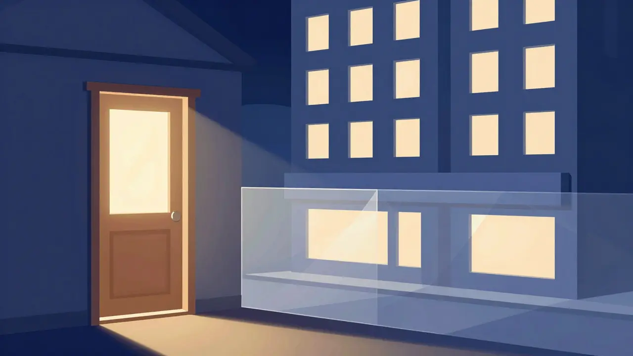 Illustration contrasting a single home door with a multi-unit commercial building facade