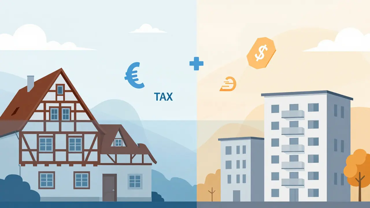 Illustration showing the separation of German and foreign tax systems via architecture