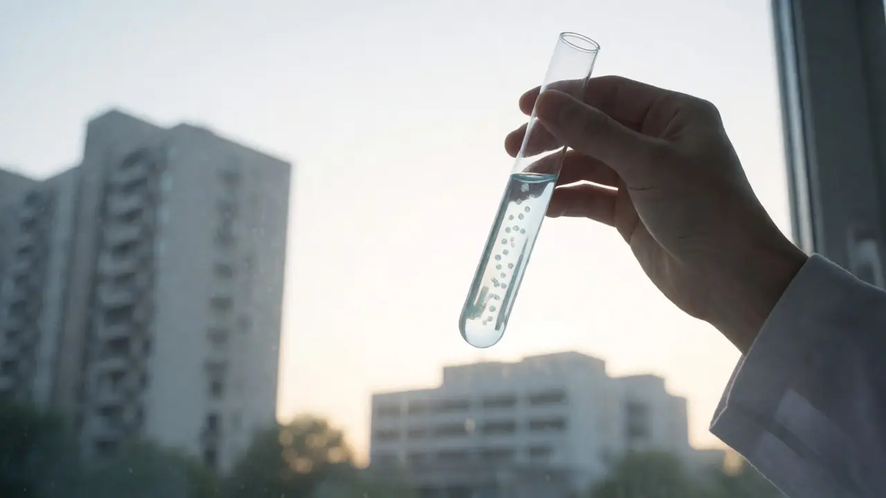 Laborant hält ein Reagenzglas mit Wasserprobe im Hintergrund Gebäude