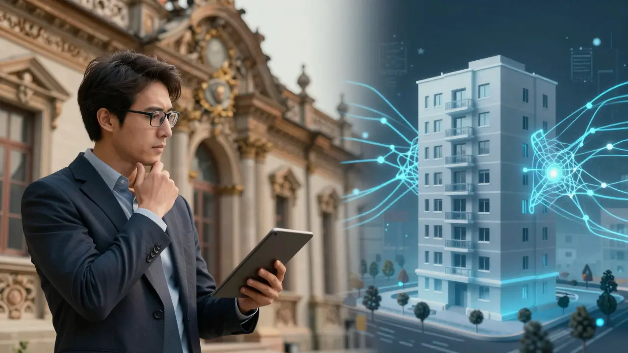 Menschlicher Gutachter und KI-Algorithmen analysieren Immobilien