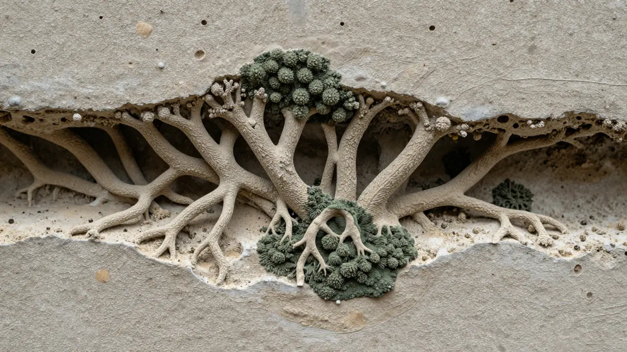 Mikroskopische Ansicht von Myzelstrukturen im Putz