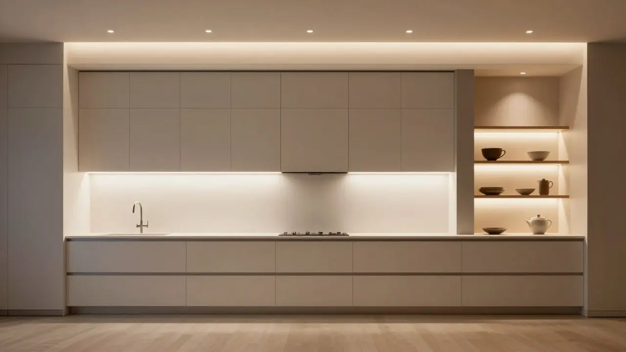 Modern kitchen showing three zones: task, ambient, and accent lighting