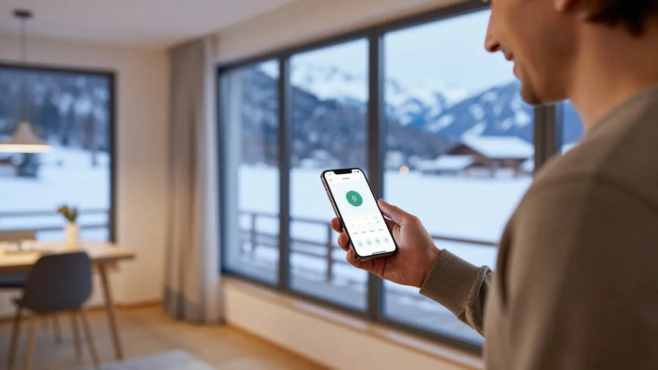 Person steuert Heizung per Smartphone in einer hellen Wohnung mit Bergblick