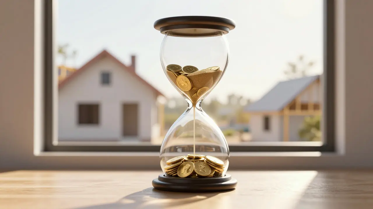 Sanduhr mit Goldmünzen vor einer unterbrochenen Baustelle