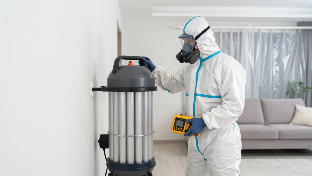 Techniker mit Schutzanzug und HEPA-Filter an der Wand
