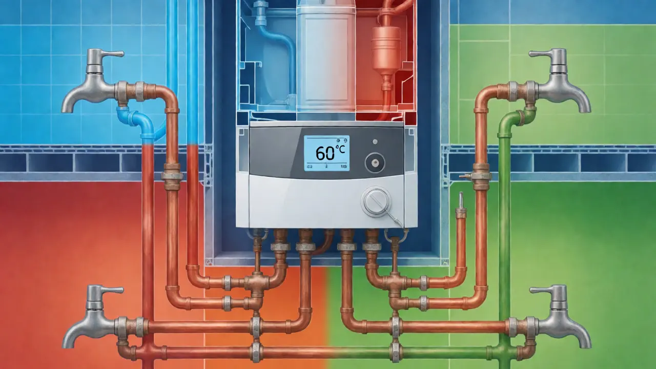 Technische Darstellung einer Warmwasseranlage mit Temperaturanzeigen