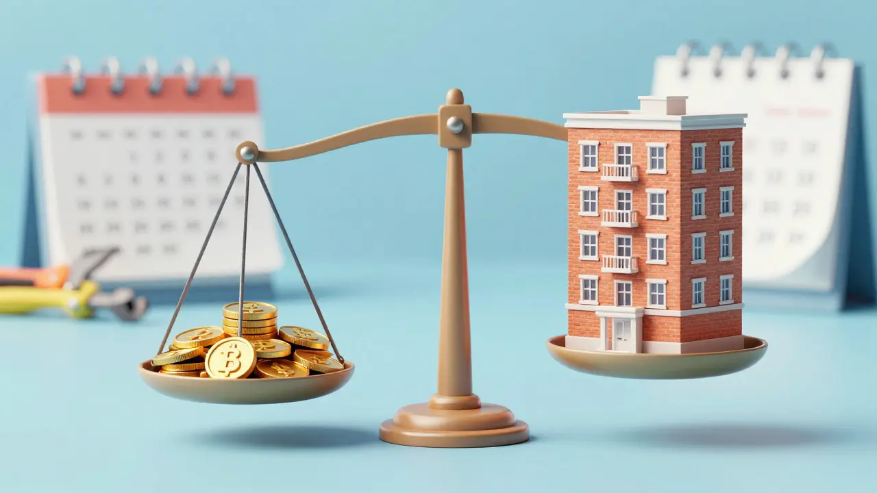 Wage zwischen Geldsack und stabilem Gebäude für langfristige Planung