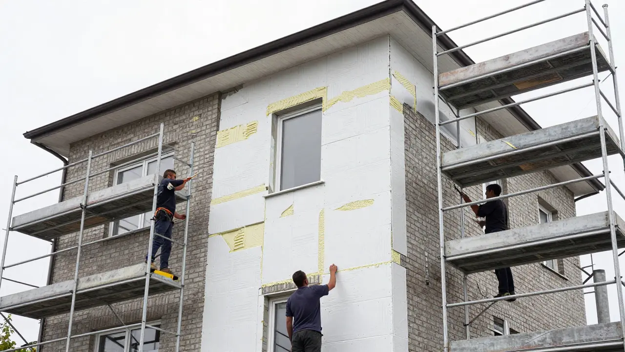 Workers installing exterior insulation panels on a house facade