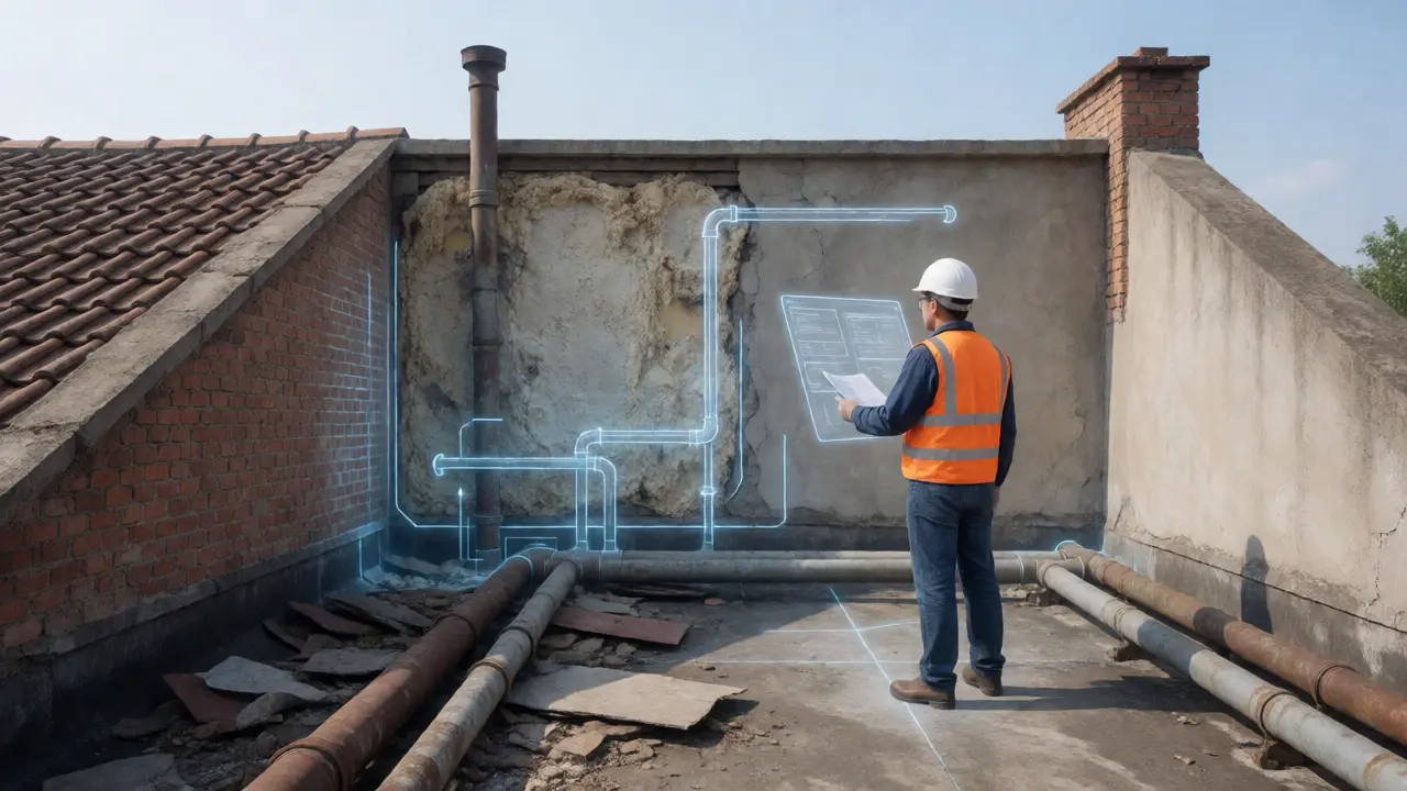 Ingenieur inspiziert ein Dach mit digitalen Einblendungen für Risiken.