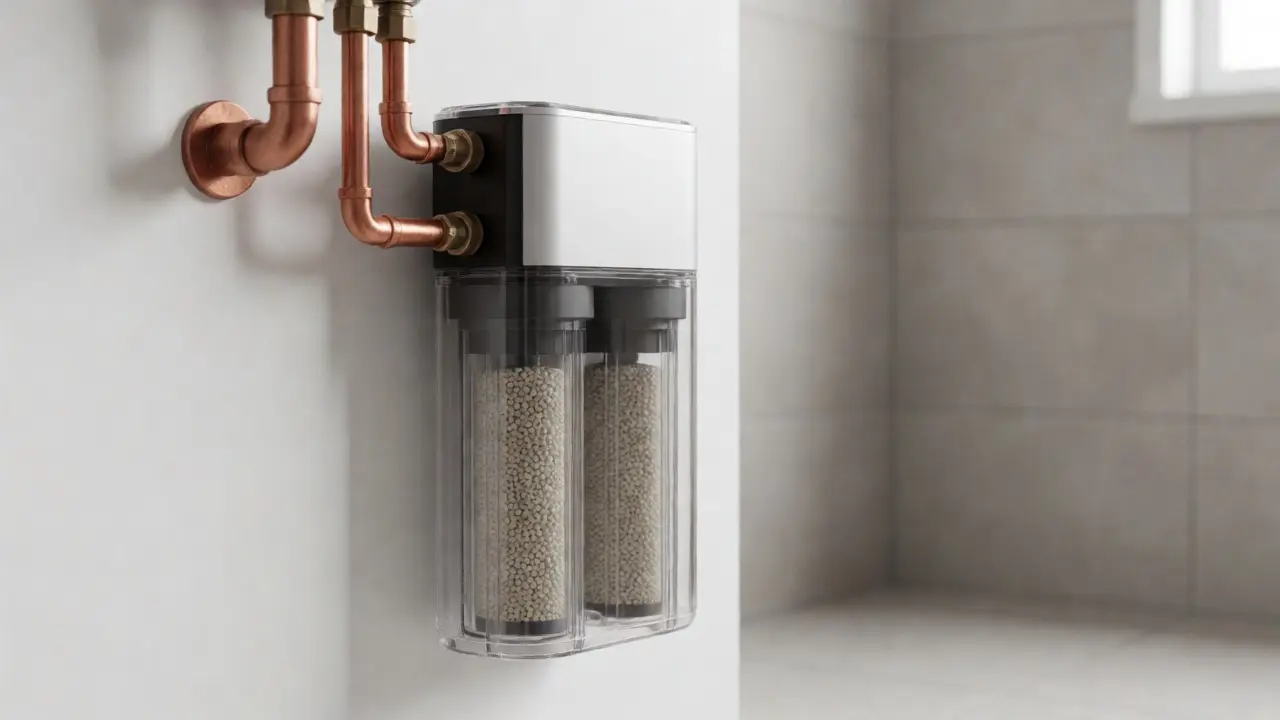 Kompaktes salzfreies Wasserfiltersystem an der Wand neben Kupferrohren
